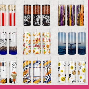 K&ouml;nnte beinhalten: Set mit 12 Sublimationsdesigns f&uuml;r Becher mit verschiedenen Mustern und Themen, darunter Filmabend, Mama des Geburtstagsm&auml;dchens, Cinco de Mayo, Walwedel und Smiley-Gesichter.