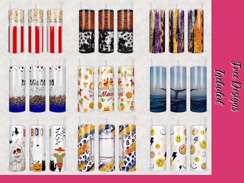 K&ouml;nnte beinhalten: Set mit 12 Sublimationsdesigns f&uuml;r Becher mit verschiedenen Mustern und Themen, darunter Filmabend, Mama des Geburtstagsm&auml;dchens, Cinco de Mayo, Walwedel und Smiley-Gesichter.