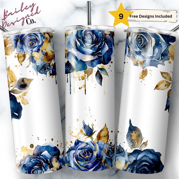 Gold and Blue Rose 20 oz Skinny Tumbler Sublimation Design Digital Download PNG Instant DIGITAL ONLY, Bridal Elegant Roses Tumbler