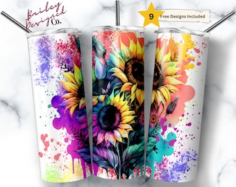 Neon Sunflowers 20 oz Skinny Tumbler Sublimation Design Digital Download PNG Instant DIGITAL ONLY, Bright Spring Flowers Tumbler