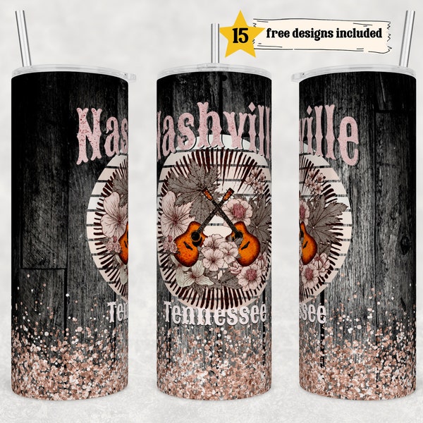 Nashville Tennessee  20oz Skinny Tumbler PNG Sublimation Design, Print Straight PNG File Digital Download, Rustic Music Design