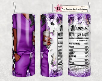 Purple Nurse 20 oz Skinny Tumbler Sublimación Diseño de envoltura de enfermera para vaso recto, PNG, digital, información nutricional con estampado de brillo de leopardo