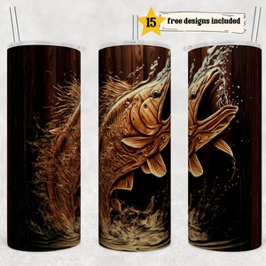 Rustic Bass Fish 20 oz Skinny Tumbler Sublimation wrap, straight template Tumbler digital download PNG Fishing Woodgrain tumbler design