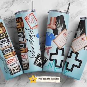 Könnte beinhalten: Vier Edelstahlbecher mit verschiedenen Designs im Zusammenhang mit der Radiologie. Die Designs beinhalten eine Wirbelsäule, einen Knochen, ein Röntgenbild und ein Stethoskop. Die Becher sind alle hellblau mit schwarzen und roten Akzenten. Der Text "RADIOLOGIC" befindet sich auf einem der Becher. Der Text "15 kostenlose Designs enthalten" befindet sich am unteren Rand des Bildes.