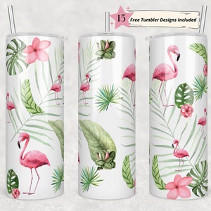 Flamingos 20 oz Skinny Tumbler Sublimation Pastel Flamingo and Tropical Print Tumbler Wrap Design For Straight Tumbler, PNG File, Digital