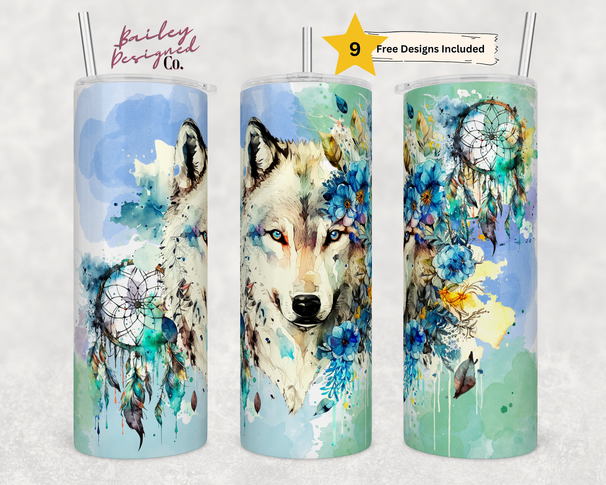 Watercolor Wolf 20 Oz Skinny Tumbler Sublimation Design Digital ...