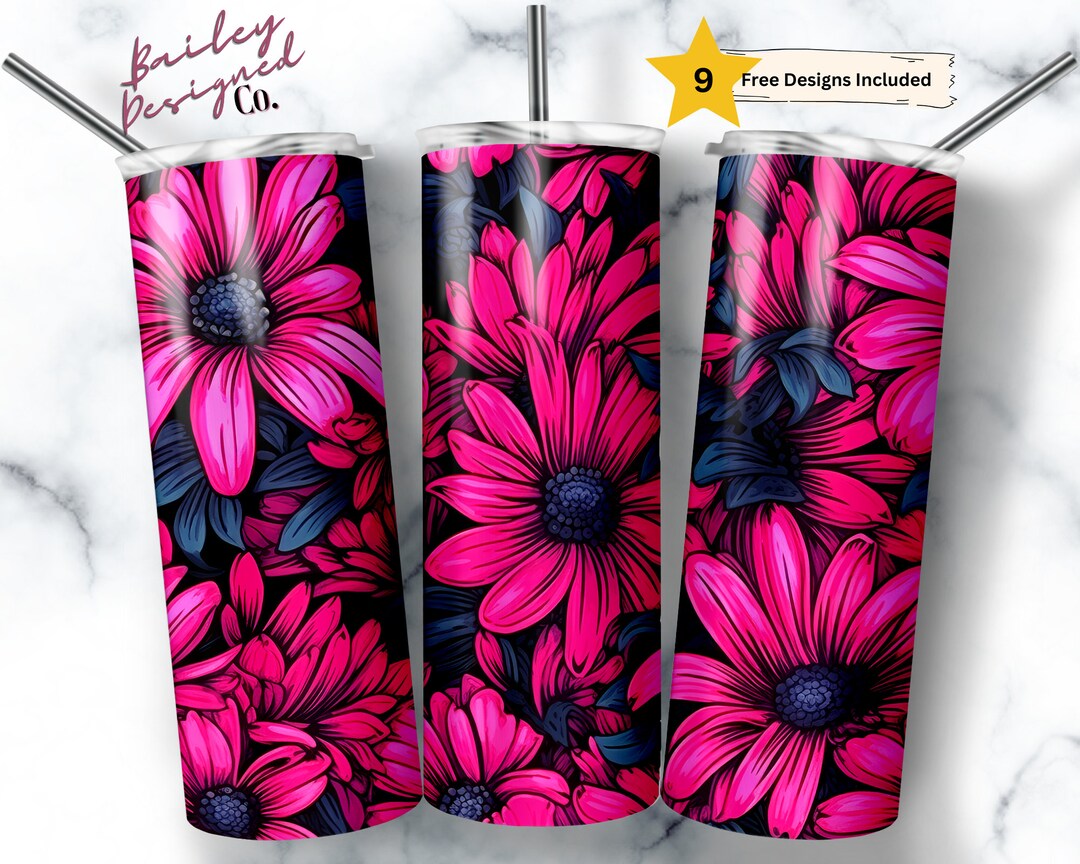 Hot Pink and Black Daisies 20 Oz Skinny Tumbler Sublimation Design ...