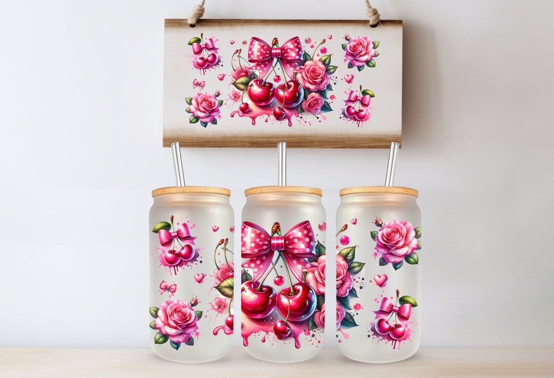コケット ピンク リボン 美的 チェリー UVDTF 16 オンス ガラス 缶