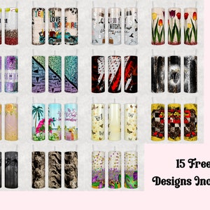May include: Fifteen different designs for sublimation tumblers. The designs include a variety of themes, such as flowers, butterflies, and inspirational quotes.  The tumblers are all white and have a black lid and straw.  "15 Free Designs Included" is written in black text on a white background.