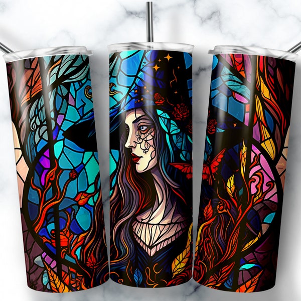 Stained Glass Witch 20oz Skinny Tumbler Sublimation Design Templates, Witchy Vibes Tumbler Straight PNG Digital Download, Celestial Png