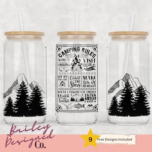 Camping Rules 16oz Glass Can Wrap - Digital Download Sublimation Design - 16oz Template, Camper Life glass jar tumbler wrap PNG Design