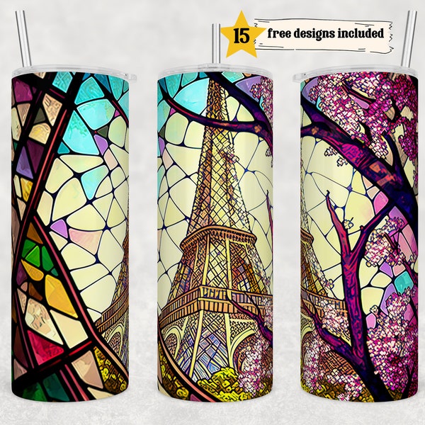 Stained Glass Eiffel Tower 20 oz Skinny Tumbler Sublimation Design Digital Download PNG Instant DIGITAL ONLY, Paris France Wrap