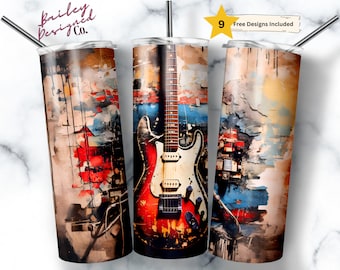 May include: A colorful abstract design with a red, white, and blue electric guitar on a tumbler. The tumbler is made of stainless steel and has a double-walled design to keep drinks cold or hot.