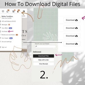 Puede incluir: Una gu&iacute;a digital titulada "How To Download Digital Files" muestra los pasos para descargar archivos despu&eacute;s de la compra. La gu&iacute;a destaca la secci&oacute;n "Compras", el bot&oacute;n "Descargar archivos" y los botones "Descargar".