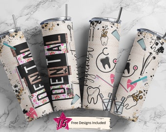 Dental Hygienist 20 oz Skinny Tumbler Sublimation Leopard Boho Wrap Design For Straight Tumbler, PNG File, Digital, Rustic Collage Design