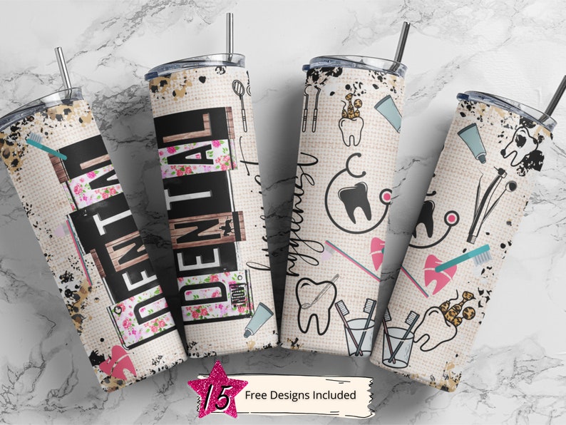 K&ouml;nnte beinhalten: Vier Edelstahlbecher mit verschiedenen Designs zum Thema Zahnmedizin. Die Designs beinhalten ein Schild mit der Aufschrift "Dental", einen Zahn mit einem Stethoskop und einen Zahn mit einer Zahnb&uuml;rste. Die Becher stehen auf einem wei&szlig;en Marmoruntergrund.