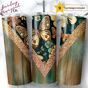 Retro Boho 20oz Sublimation Tumbler Designs, Floral Butterfly V Split 9.2 x 8.3” Straight Skinny Tumbler Wrap PNG, Boho Tumbler Wrap