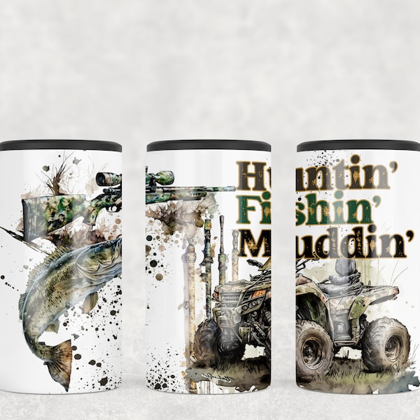 4in1 Can Cooler Sublimation Wrap, Hunting Fishing & Muddin , Sublimation Can Holder PNG - Summer time Hunter and Fish Mudding Design