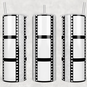 May include: Three stainless steel tumblers with a white background and black film strip design. The tumblers have a silver glitter finish.