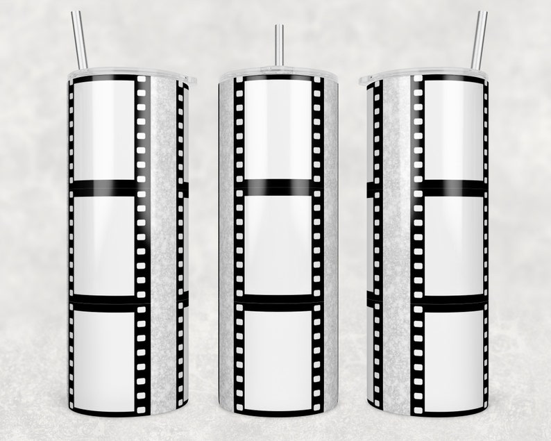 May include: Three stainless steel tumblers with a white background and black film strip design. The tumblers have a silver glitter finish.