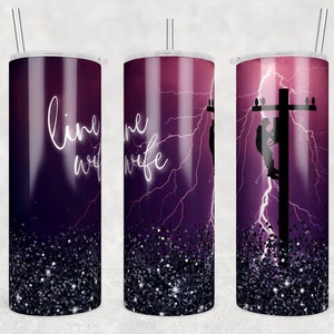 May include: Three stainless steel tumblers with a purple and black glitter design. The tumblers feature a silhouette of a lineman climbing a power pole with lightning bolts in the background. One tumbler has the text "line wife" on it.