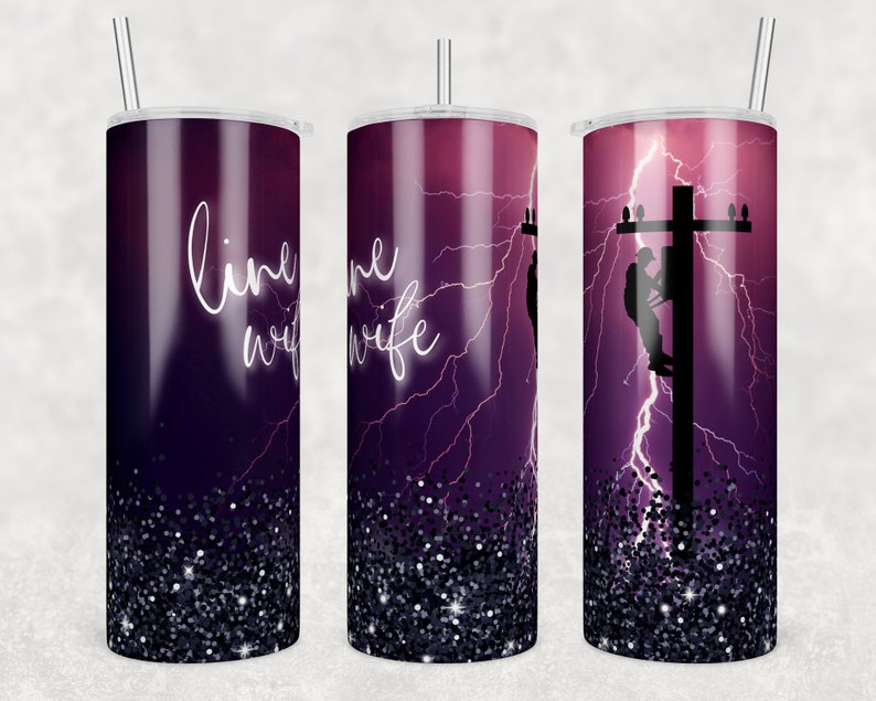 May include: Three stainless steel tumblers with a purple and black glitter design. The tumblers feature a silhouette of a lineman climbing a power pole with lightning bolts in the background. One tumbler has the text "line wife" on it.