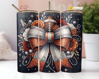 Glitter Coquette Bow Football Sport Mom 20 oz Skinny Tumbler Sublimation Design Digital Download PNG Instant DIGITAL ONLY, Tumbler Wrap