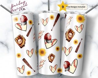 May include: White stainless steel tumbler with a baseball themed design. The tumbler features baseball bats, baseball gloves, baseballs, hearts, and sunflowers. The text "Free Designs Included" is visible on the tumbler.