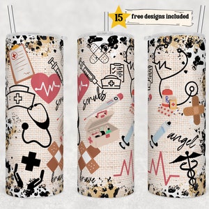 Nurse 20 oz Skinny Tumbler Sublimation Leopard Boho Nurse Wrap Design For Straight Tumbler, PNG File, Digital, Rustic Collage Design