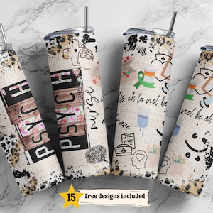 May include: Four stainless steel tumblers with different designs featuring a nurse theme. The designs include a leopard print, a floral design, a design with the text "It's ok to not be ok", and a design with a stethoscope and a heart. The tumblers are all 20 ounces and have a double-wall insulated design.