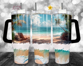Sandy Beach Ocean Summer 40 oz Tumbler Sublimation Design Descarga digital PNG Instant DIGITAL SOLAMENTE, Vaso con envoltura de mango