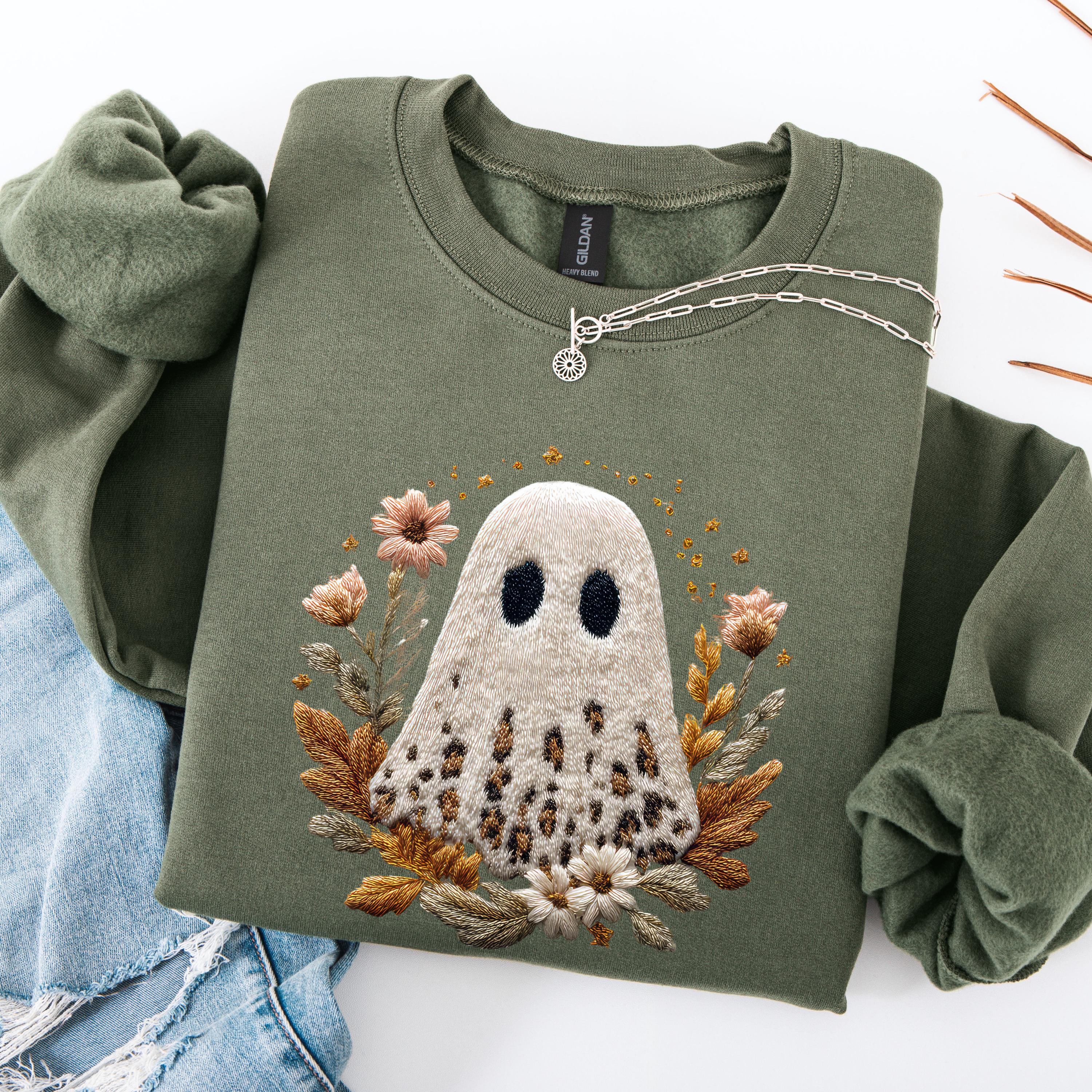Leopard Print Boho Ghost Sweatshirt, Faux Yarn Floral Ghost Shirt