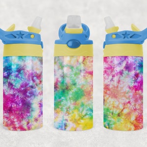 May include: Three water bottles with a tie-dye design. The bottles have a blue lid with a star design, a yellow collar, and a white spout. The tie-dye pattern features a mix of pink, purple, green, and yellow.