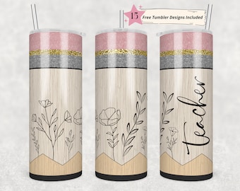 20 oz Skinny Tumbler Teacher Pencil Sublimation Design PNG Instant DIGITAL ONLY - Straight Design Custom Teacher Design - Add Own Name