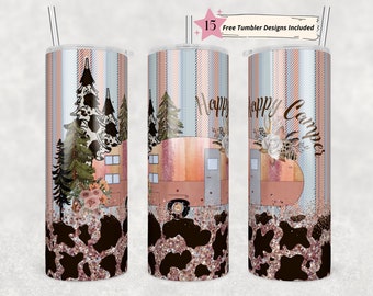 20oz Skinny Tumbler Happy Camper Glitter Trailer PNG Sublimation Design, Print Straight PNG File Digital Download