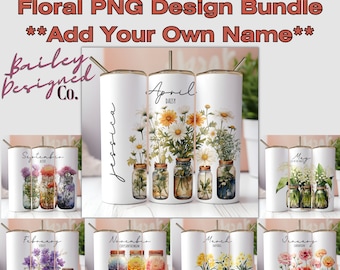 Floral Birth Month Tumbler Wrap Bundle, 12 Designs, 20 oz Skinny Tumbler Sublimation Straight, Customize Add Your Own Name Birth Flower PNGs