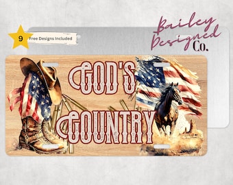 May include: A wooden license plate with a brown wood background. The text "GOD'S COUNTRY" is in red with a distressed look. The image features a cowboy boot with an American flag, a horse running, and bullet casings.