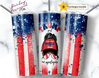 Könnte beinhalten: Ein weißer Becher mit einem rot-weiß-blauen amerikanischen Flaggenmuster. Der Becher zeigt eine Grafik einer Frau mit einem unordentlichen Dutt, die einen roten MAGA-Hut mit dem Text "TRUMP girl" und "Maga 2024" trägt. Der Text "no apologies" befindet sich unter der Grafik.