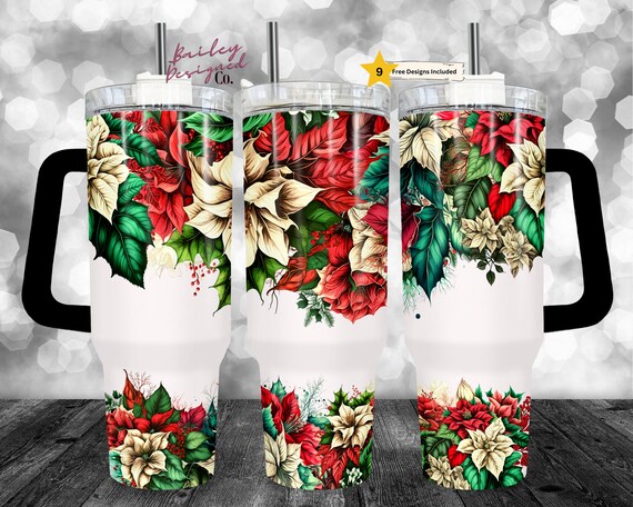 Christmas 40oz Tumbler Wrap - PNG Tumbler Design Sublimation Download - Poinsettia Flowers Sublimation Tumbler with Handle Wrap