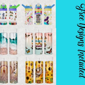 May include: A collection of 12 different designs for tumblers and water bottles. The designs include a rainbow with a heart, a cat, sunflowers, butterflies, waves, and more. The text "Free Designs Included" is visible in the image.