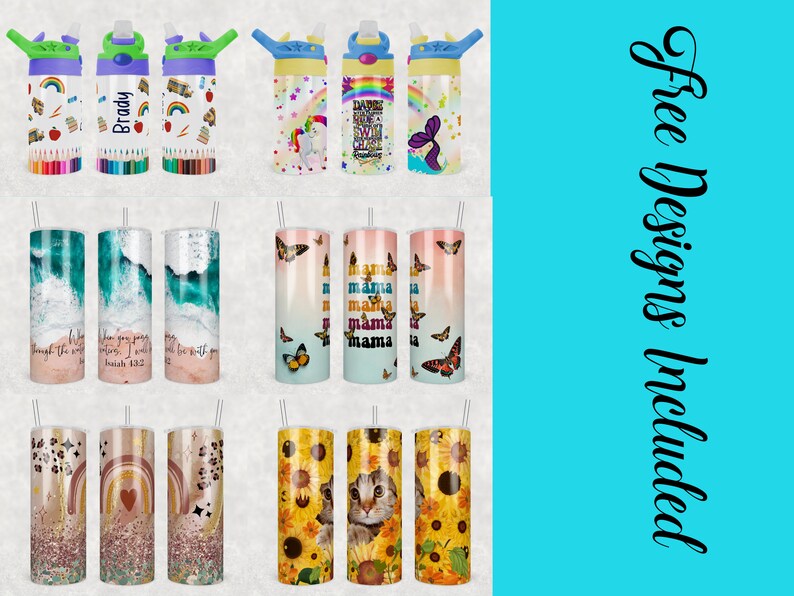 May include: A collection of 12 different designs for tumblers and water bottles. The designs include a rainbow with a heart, a cat, sunflowers, butterflies, waves, and more. The text "Free Designs Included" is visible in the image.