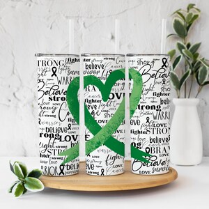 20 oz Skinny Tumbler Sublimation Word Art Storm Celiac Disease Awareness Green Ribbon Straight Design Digital Mental Health