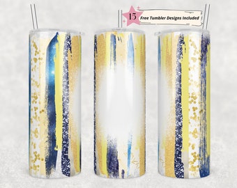 20oz Skinny Tumbler Blank Yellow and Blue Print Glitter Sublimation Design Template, Sparkly, Straight PNG Digital Download Brushstokes