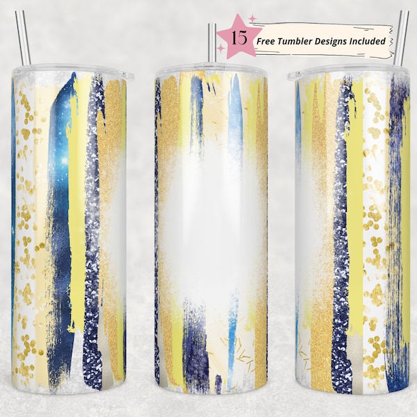 20oz Skinny Tumbler Blank Yellow and Blue Print Glitter Sublimation Design Template, Sparkly, Straight PNG Digital Download Brushstokes