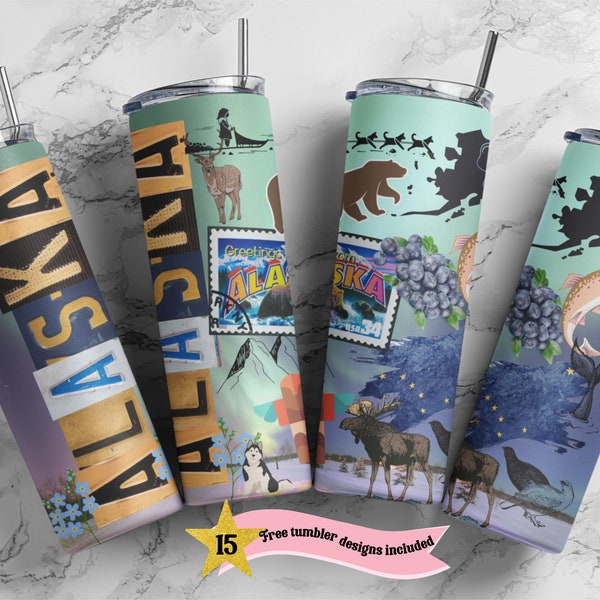 Alaska 20oz Skinny Tumbler PNG Sublimation Design, Print Straight PNG File Digital Download, Travel Design, State Collage Design