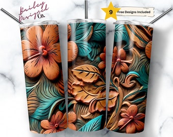 3D Tumbler Wrap 20 oz Skinny Tumbler Sublimation Design Digital Download PNG Instant DIGITAL ONLY, Rustic Tooled Leather Floral Tumbler