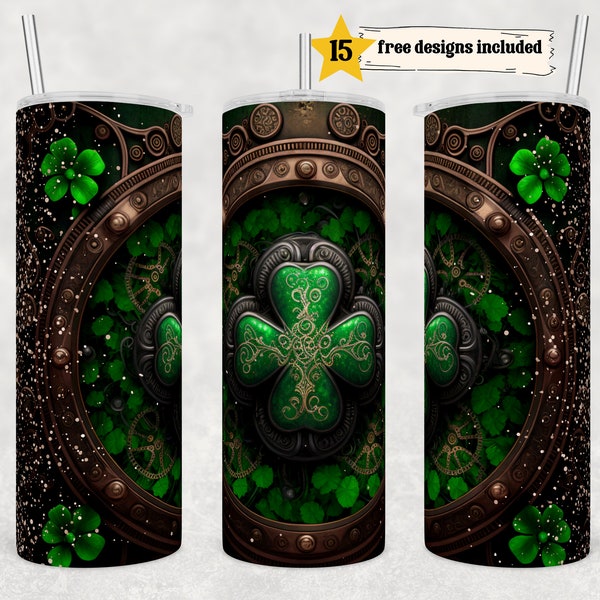Steampunk Celtic St. Patrick's Day Tumbler Design, Shamrock 20oz Skinny Straight Tumbler Wrap Digital Download PNG Sublimation