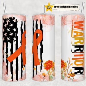 May include: Three stainless steel tumblers with different designs. The first tumbler features an American flag with an orange ribbon. The second tumbler has a pink and white marble design with an orange ribbon. The third tumbler has a white background with a floral design and the word "WARRIOR" in orange and yellow letters.