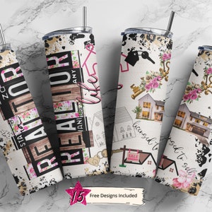 Realtor 20 oz Skinny Tumbler Sublimation Leopard Boho Real Estate Wrap Design For Straight Tumbler, PNG File, Digital, Rustic Collage Design