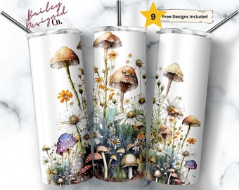 Mushrooms and Wildflowers 20 oz Skinny Tumbler Sublimation Design Digital Download PNG Instant DIGITAL ONLY, Spring Floral Tumbler